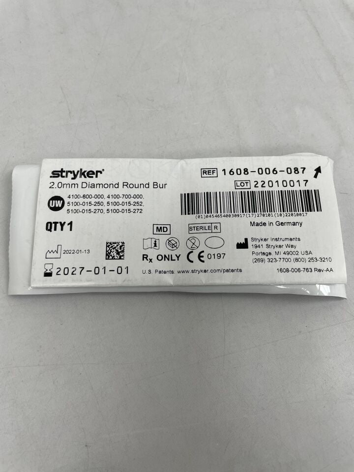 1608-006-087 - STRYKER - 2.0mm Diamond Round Bur, (EA) - ( Expiry Date: 2027-01-01 )