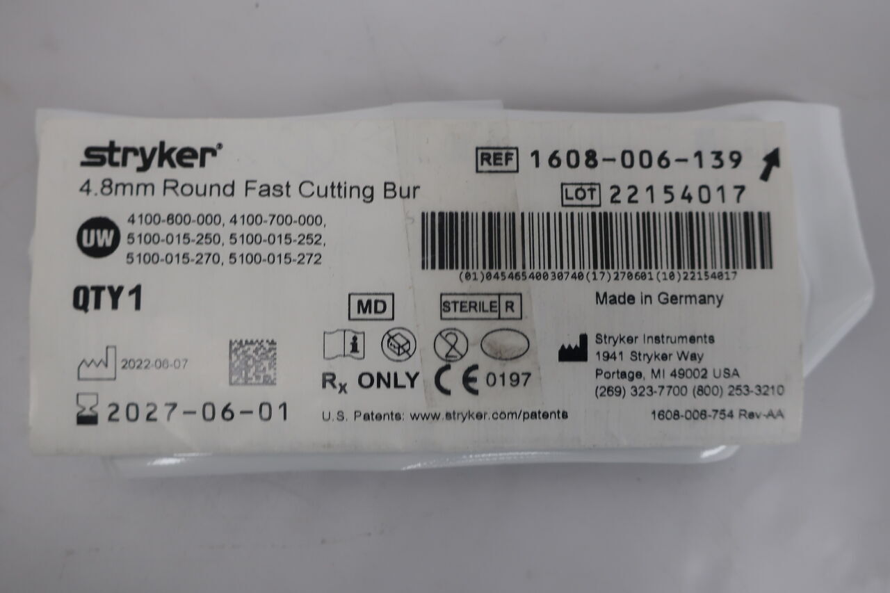 1608-006-139 - STRYKER - 4.8mm Round Fast Cutting Bur, (EA) - ( Expiry Date: 2027-06-01 )