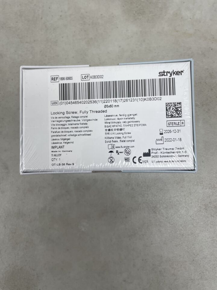 1896-5060S - STRYKER - 5mm Locking Screw - Fully Threaded / 60mm, (BX/1) - ( Expiry Date: 2026-12-31 )