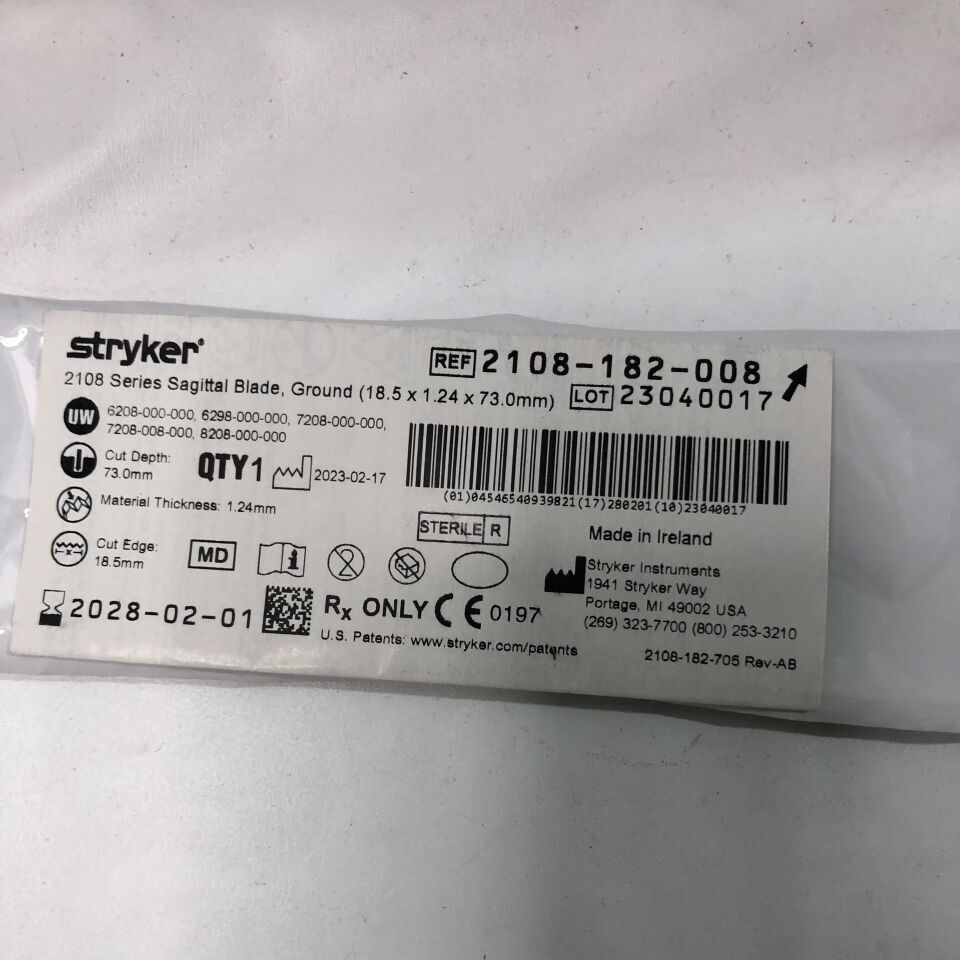 2108-182-008 - STRYKER - 2108 Series Sagittal Blade, Ground, 18.5 x 1.24 x 73.0mm, (EA) - ( Expiry Date: 2028-02-01 )