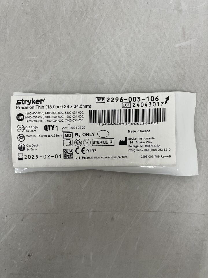 2296-003-106 - STRYKER - Precision Thin Blade, Long, Wide 13.0mm x 0.38mm x 34.5mm, (EA) - ( Expiry Date: 2029-02-01 )