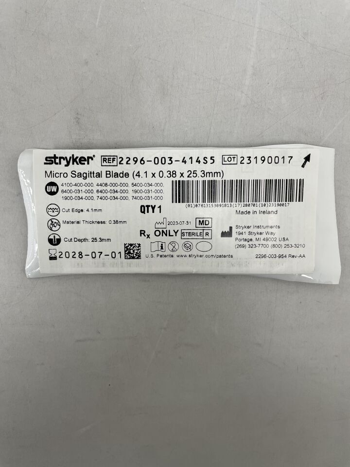 2296-003-414S5 - STRYKER - Micro Sagittal Blade 4.1mm x 25.3mm x 0.38mm, (EA) - ( Expiry Date: 2028-07-01 )