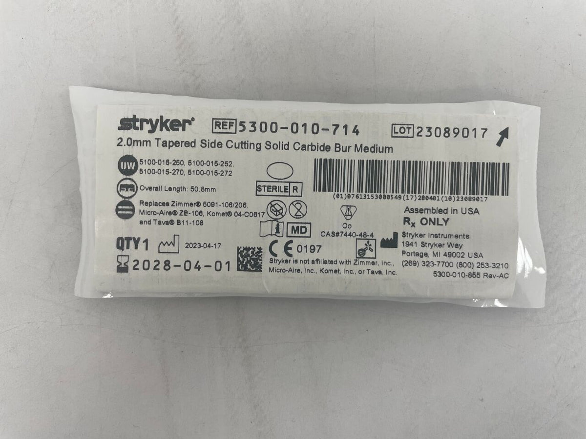 5300010714 - STRYKER - Carbide Bur 2.0mm Tapered Side Cutting Solid Medium, (EA)