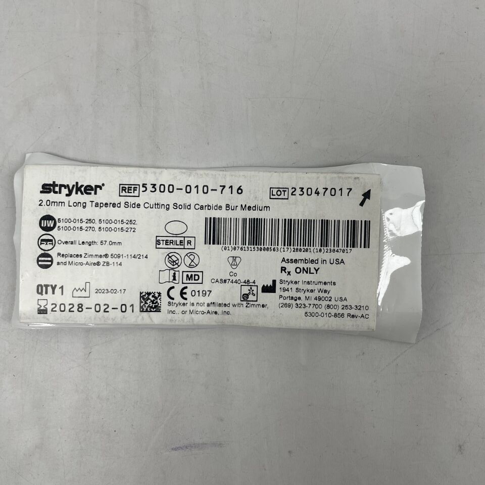 5300-010-716 - STRYKER - 2.0mm Long Tapered Side Cutting Solid Carbide Bur Medium, (EA) - ( Expiry Date: 2028-02-01 )
