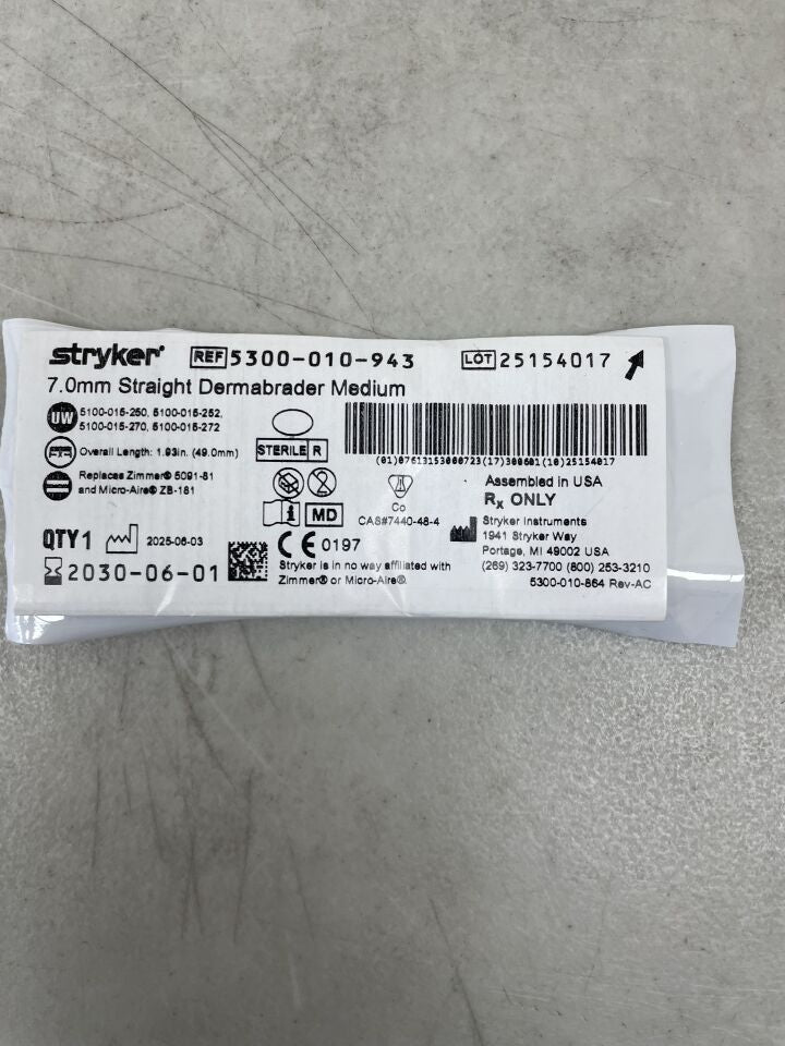5300-010-943 - STRYKER - Straight Dermabrader, Medium, 7 mm Size, (EA) - ( Expiry Date: 2030-06-01 )