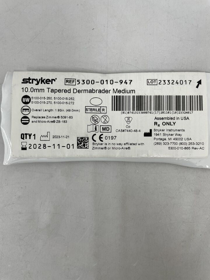 5300-010-947 - STRYKER - Dermabrader 10mm x 49mm Tapered Medium, (EA) - ( Expiry Date: 2028-11-01 )