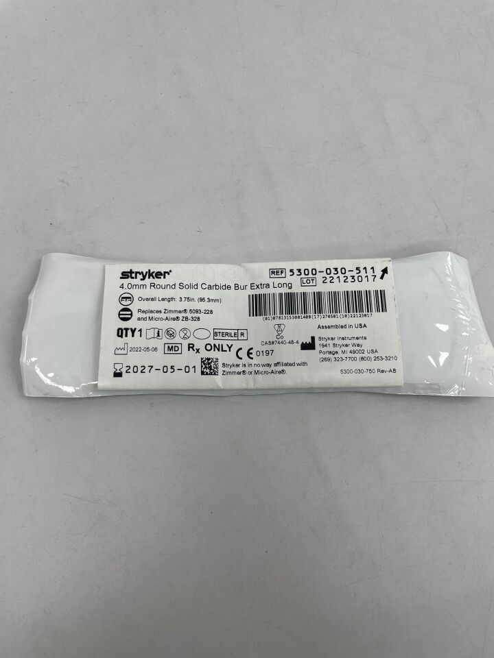 5300-030-511 - STRYKER - 4.0mm Round Solid Carbide Bur Extra Long, (EA) - ( Expiry Date: 2027-05-01 )
