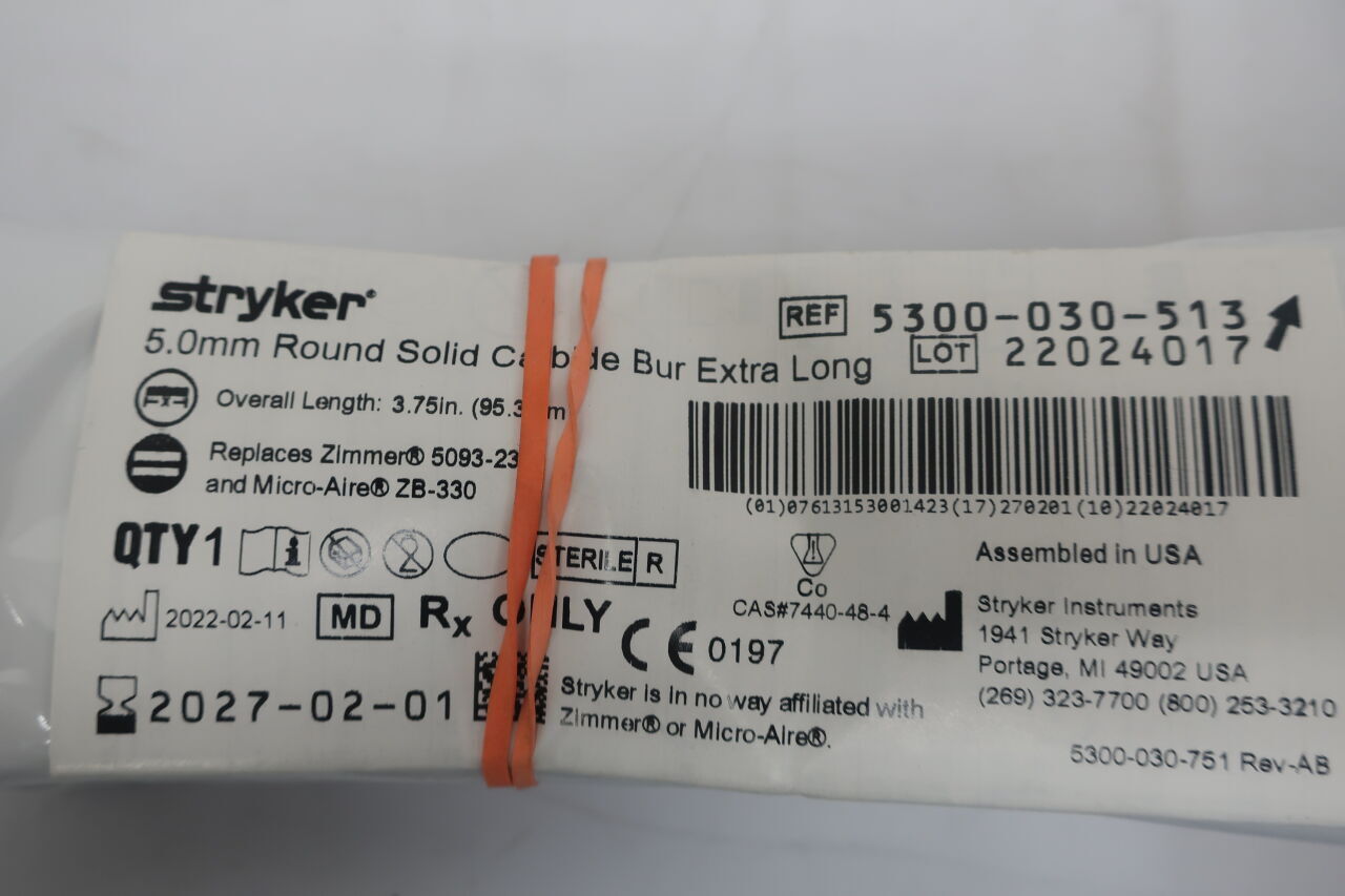 5300-030-513 - STRYKER - 5mm round solid carbide bur extra long , (EA) - ( Expiry Date: 2027-02-01 )