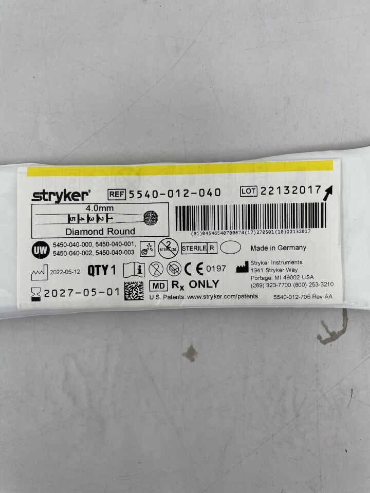 5540-012-040 - STRYKER - S2 Diamond Round Bur 4.0mm, (EA) - ( Expiry Date: 2027-05-01 )