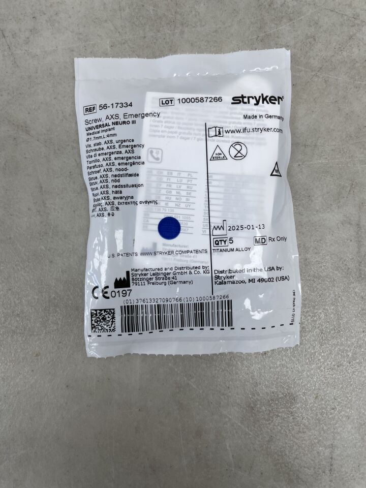 56-17334 - STRYKER - AXS Universal Neuro 3 Emergency Screw, 1.7 x 4mm (5 Per Pack), (EA) - ( Expiry Date: 2099-12-31 )