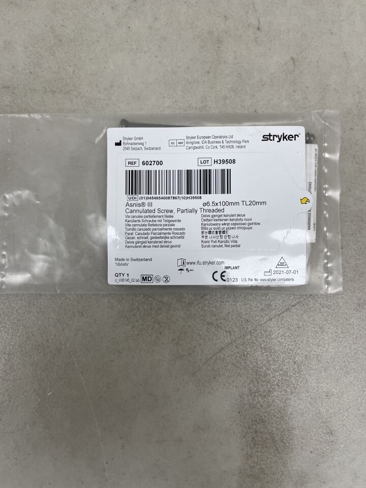602700 - STRYKER - Asnis III Partially Threaded Cannulated Screw, 6.5  x 100mm, (EA) - ( Expiry Date: 2099-12-31 )