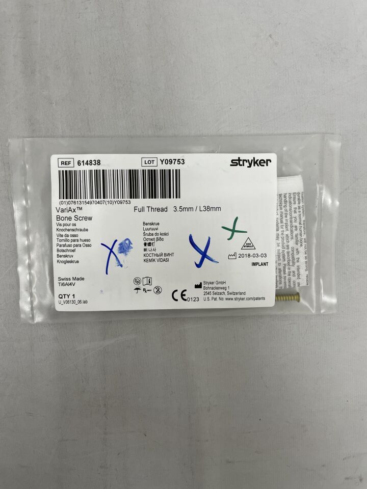 614838 - STRYKER - VariAx Titanium Fully Threaded Self-Tapping Bone Screw, 3.5 x 38 mm, (EA) - ( Expiry Date: 2099-12-31 )