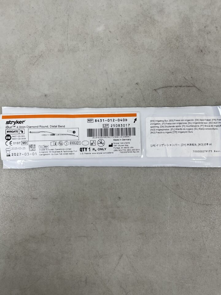 8431-012-040D - STRYKER - iBur Steel Diamond Round Cutting Burr, 4 mm dia. x 12.5 cm Length, 15 Distal Bend, (EA) - ( Expiry Date: 2027-03-01 )