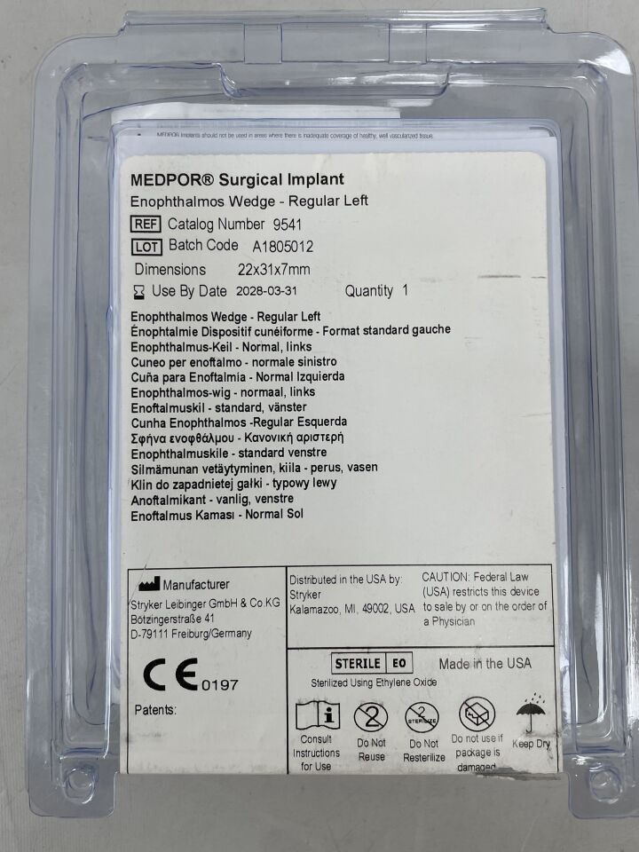 9541 - STRYKER - Medpor Wedge, Regular, Left 22mm x 31mm x 7mm, (EA) - ( Expiry Date: 2028-03-31 )