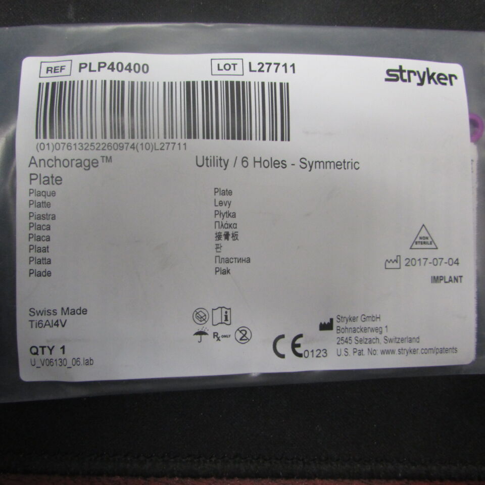 PLP40400 - STRYKER - ANCHORAGE Plate, Utility/6 holes, symmetric, (EA) - ( Expiry Date: 2030-01-11 )