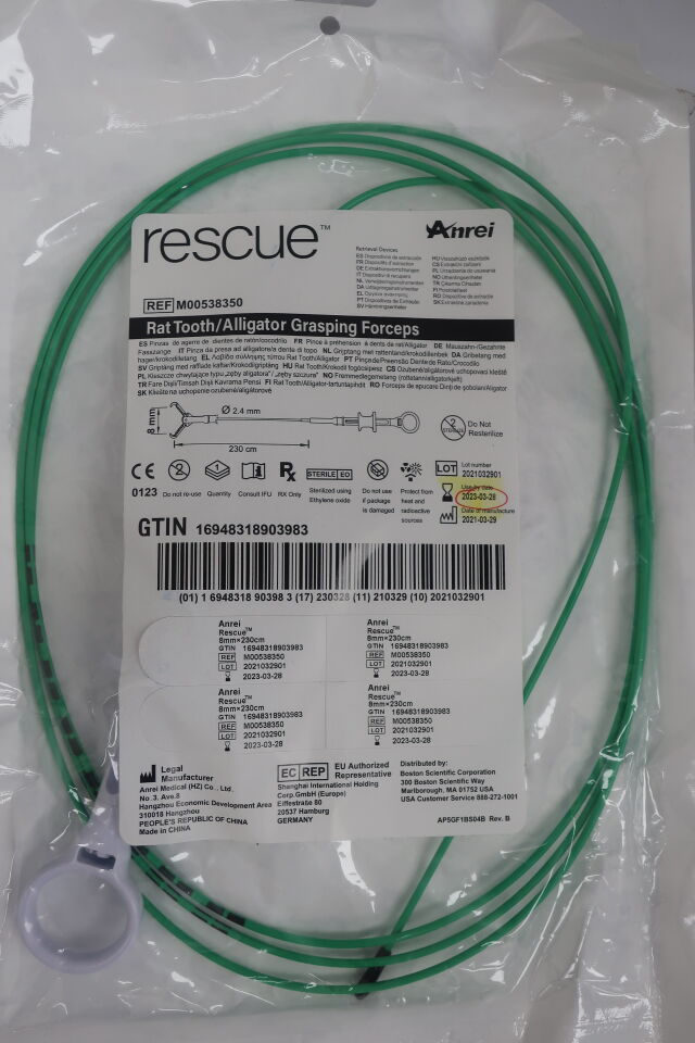 M00538350 - ANREI MEDICAL - Rescue Rat Tooth/Alligator Grasping Forceps, 2.4mm diameter, 8mm x 230cm, (EA) - ( Expiry Date: 2025-12-21 )