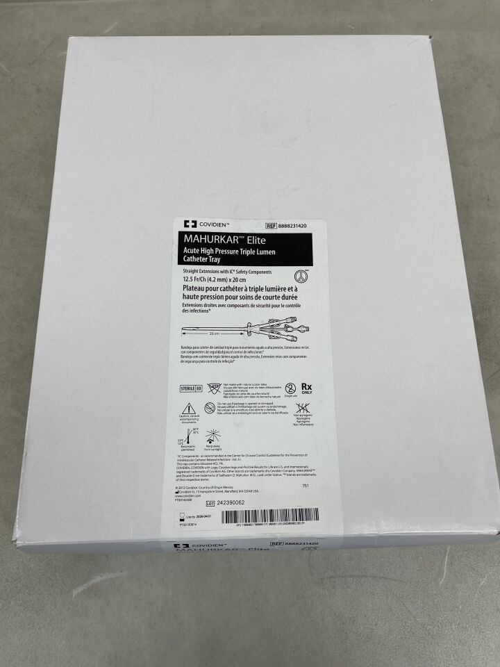 8888231420 - COVIDIEN - Mahurkar ELITE 12.5F Triple Lumen Dialysis Catheter 20cm, Straight, PASS Tray, (BX/1) - ( Expiry Date: 2026-04-01 )