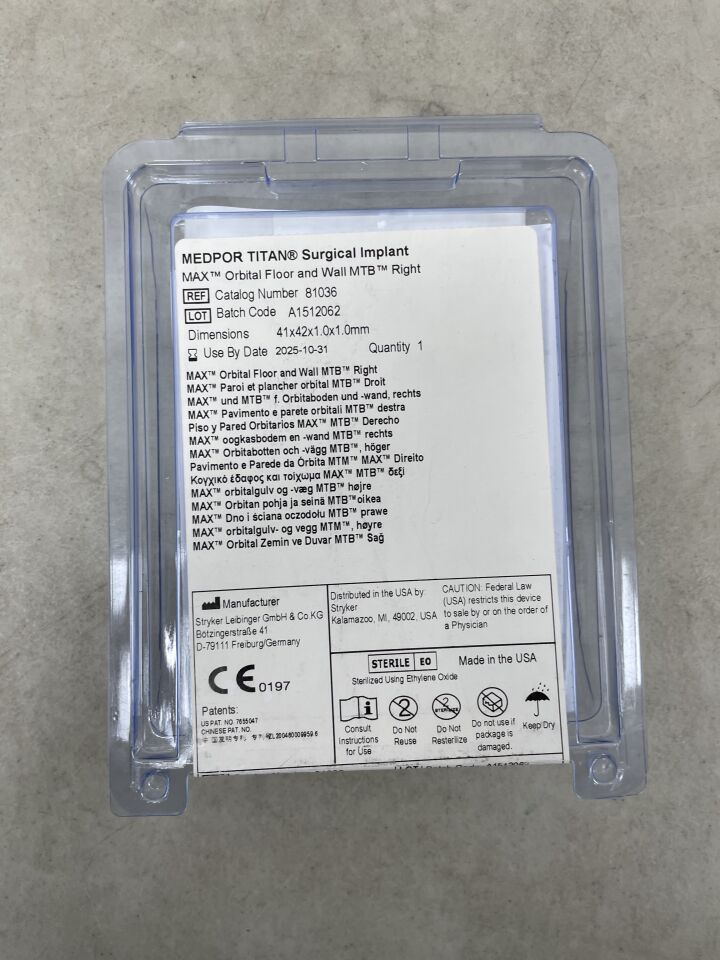 81036 - STRYKER - MEDPOR TITAN Surgical Implant, Max Orbital Floor and Wall MTB Right, 41 x 42 x 1.0 x 1.0mm, (EA) - ( Expiry Date: 2025-10-31 )