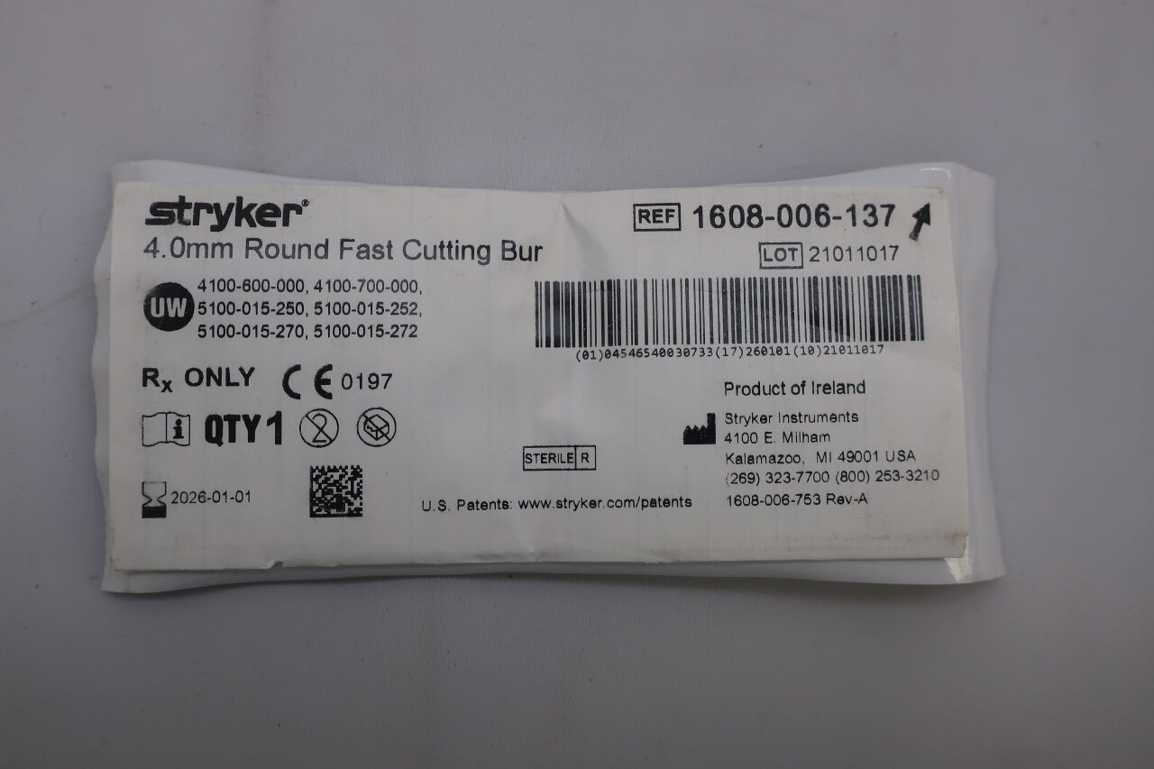 1608-006-137 - STRYKER - Round Fast Cutting Bur, 4.0mm, (EA) - ( Expiry Date: 2026-02-01 )