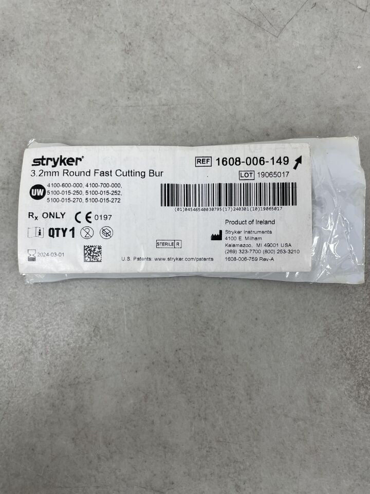 1608-006-149 - STRYKER - Round Stainless Steel Fast Cutting Burr, 3.2 mm Head Diame, (EA) - ( Expiry Date: 2024-03-01 )