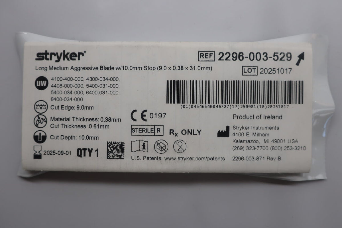 2296-003-529 - STRYKER - Thin Long Medium Aggressive Blade with 10 mm Stop, 10 L x, (EA)
