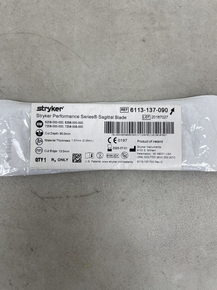 6113-137-090 - STRYKER - Sagittal Saw Blade, 90 L x 13 mm W, 1.37 mm Cut Thickness, (EA) - ( Expiry Date: 2025-07-01 )