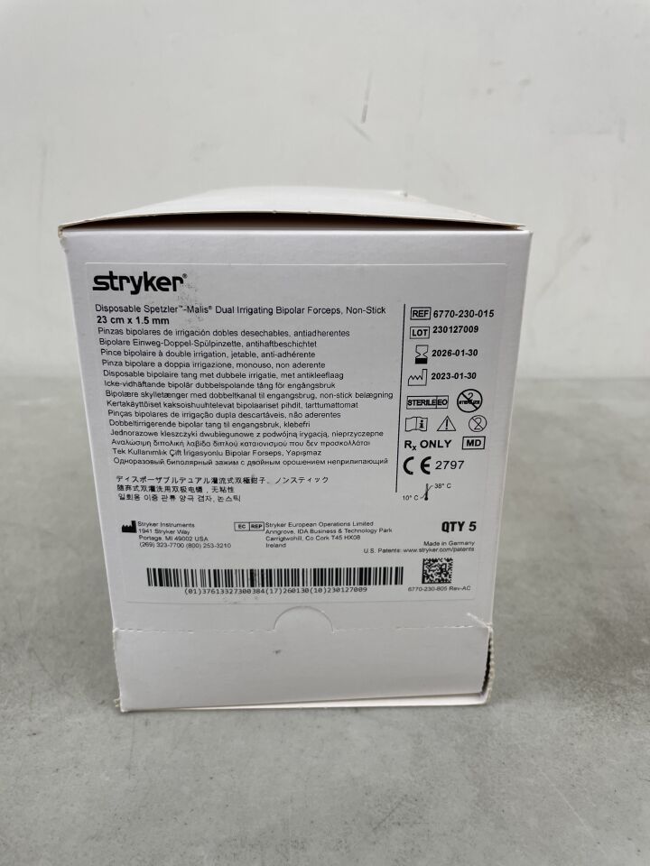 6770-230-015 - STRYKER - Disposable Spetzler- Malis Dual Irrigating Bipolar Forceps 23cm x 1.5mm, (BX/5) - ( Expiry Date: 2026-01-30 )