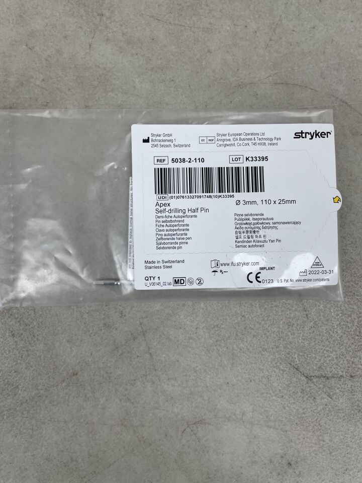 5038-2-110 - STRYKER - Apex Self-Drilling/Self-Tapping Half Pin, 110 mm Length, 3 dia. x 25 mm Thread Length, Non-Sterile, (EA)