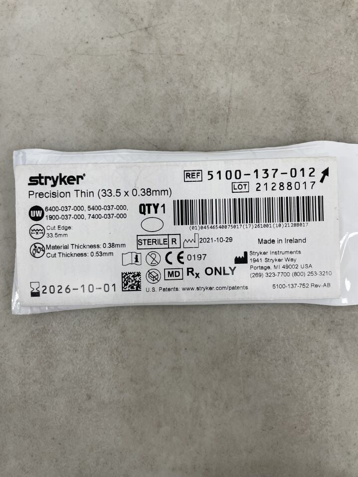5100-137-012 - STRYKER - Precision Thin Reciprocating Saw Blade 33.5mm x 0.38mm, (EA)