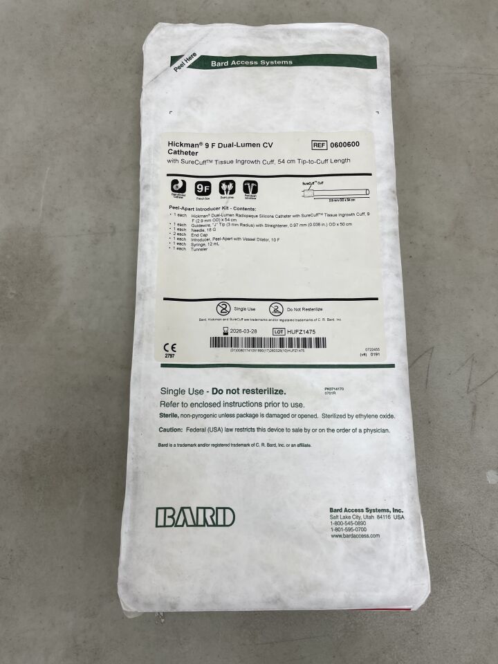 600600 - BARD - Hickman 9F Dual-Lumen CV Catheter, Peel-Apart, (EA) - ( Expiry Date: 2026-03-28 )