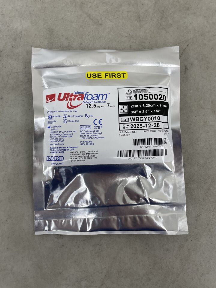 1050020 - BARD - Avitene UltraFoam Collagen Hemostat (12.5 sq cm) 2cm x 6.25cm x 7mm, (EA) - ( Expiry Date: 2025-12-28 )