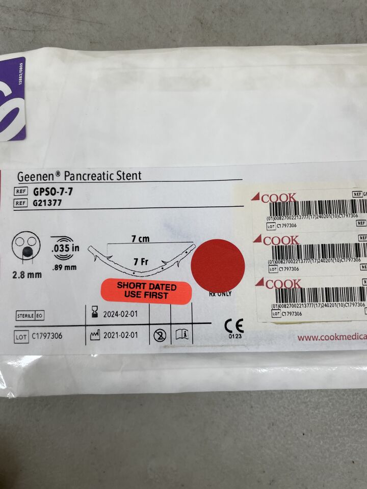G21377 - COOK - Geenen Pancreatic Stent Only 7F x 7cm, (EA) - ( Expiry Date: 2026-03-28 )