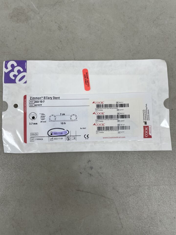 G21977 - COOK - Zimmon Biliary Stent, 10 Fr x 7 cm Length, (EA) - ( Expiry Date: 2025-11-09 )