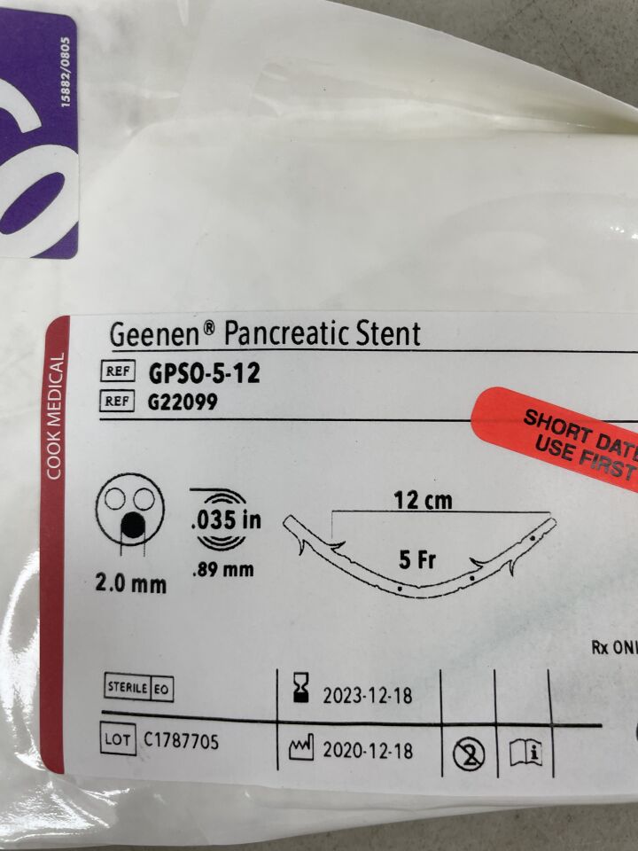 G22099 - COOK - Geenen Pancreatic Stent - 5F x 12cm, (EA) - ( Expiry Date: 2025-11-10 )