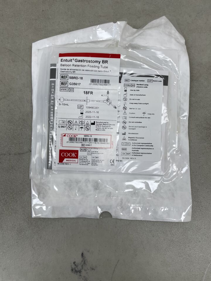 G35617 - COOK - Entuit Gastrostomy BR Balloon Retention Feeding Tube 18F x 10cm, 5-10ml, (EA) - ( Expiry Date: 2025-11-16 )