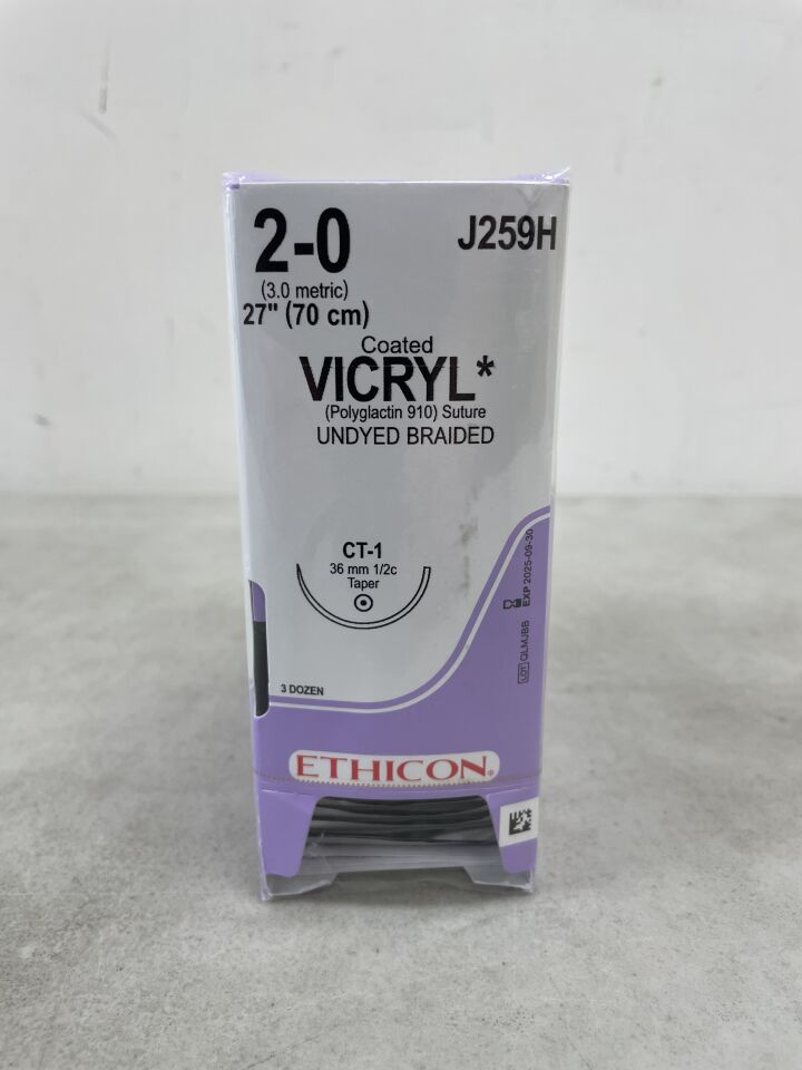 J259H - ETHICON - Coated Vicryl Absorbable Braided Polyglactin 910 Suture, Size 2-0, 27 in. Length, CT-1 Needle, (BX/36) - ( Expiry Date: 2025-09-30 )