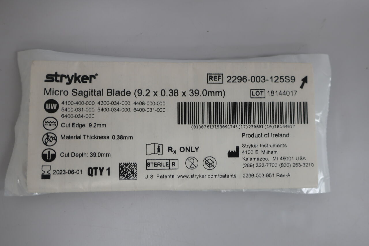 2296-003-125S9 - STRYKER - Micro Sagittal Saw Blade, 39 L x 9.2 mm W, (EA) - ( Expiry Date: 2023-12-01 )