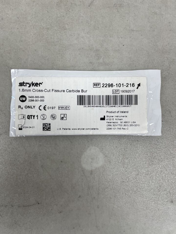2296-101-216 - STRYKER - Cross-Cut Fissure Carbide Bur 1.6mm, (EA) - ( Expiry Date: 2024-04-01 )