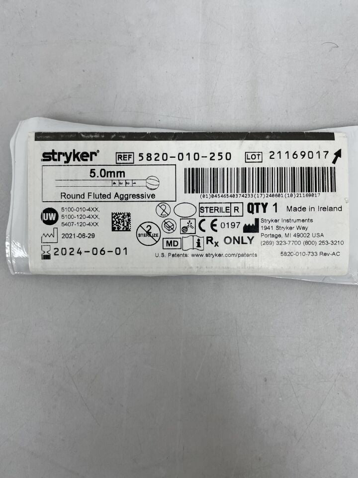 5820-010-250 - STRYKER - 5.0mm Round Fluted Bur Aggressive, (EA) - ( Expiry Date: 2026-01-01 )