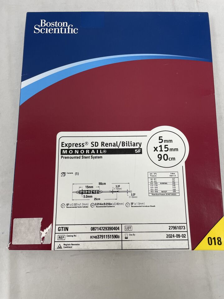 3791151590 - BOSTON SCIENTIFIC - Express SD Renal/Biliary Monorail Premounted Stent System - 5mm x 15mm x 90cm, (EA) - ( Expiry Date: 2020-12-12 )