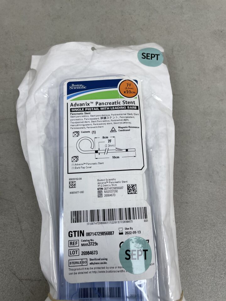 3729 - BOSTON SCIENTIFIC - Advanix Pancreatic Stent - Single Pigtail with Leading Barb - 7Fr x 10cm, (EA) - ( Expiry Date: 2022-09-13 )