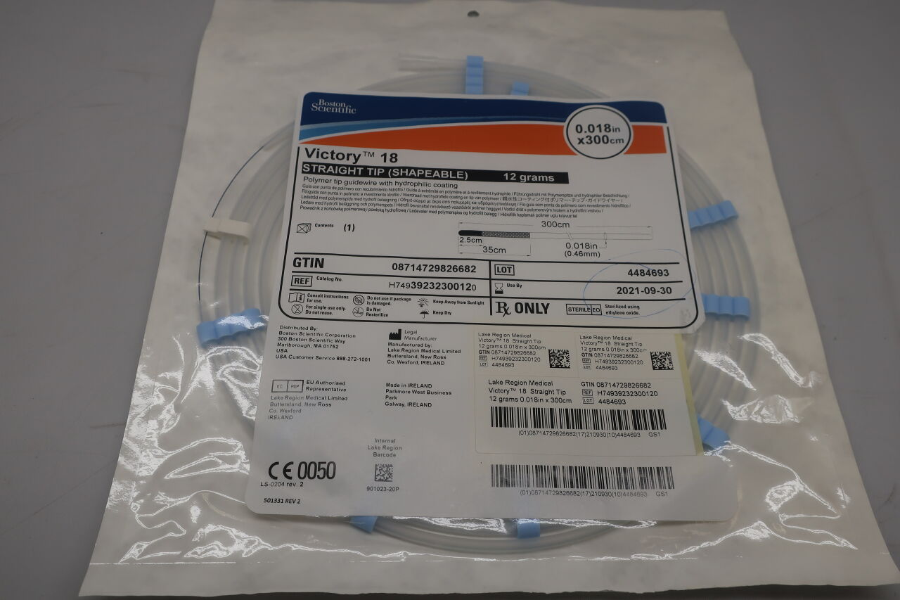 3923230012 - BOSTON SCIENTIFIC - Victory 18 Polymer Tip Guidewire - Straight Tip (Shapeable), 12 grams - .018" x 300cm, (EA) - ( Expiry Date: 2022-09-30 )