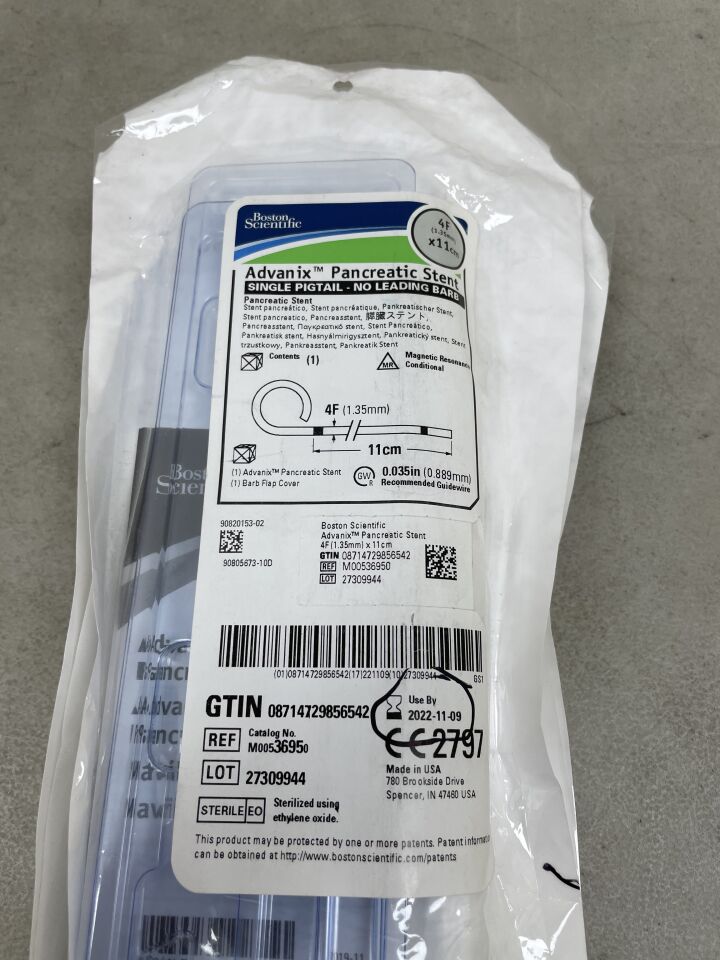 3695 - BOSTON SCIENTIFIC - Advanix Pancreatic Stent Single Pigtail - No Leading Barb 4F x 11cm, (EA) - ( Expiry Date: 2022-11-09 )
