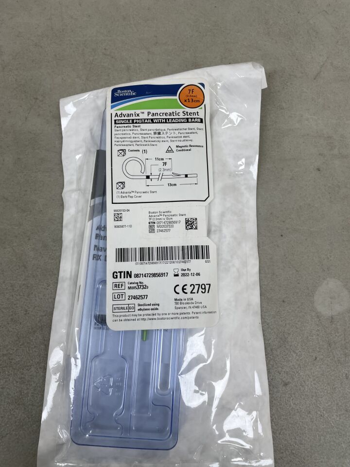 3732 - BOSTON SCIENTIFIC - Advanix Pancreatic Stent - Single Pigtail with Leading Barb - 7Fr x 13cm, (EA) - ( Expiry Date: 2022-12-06 )