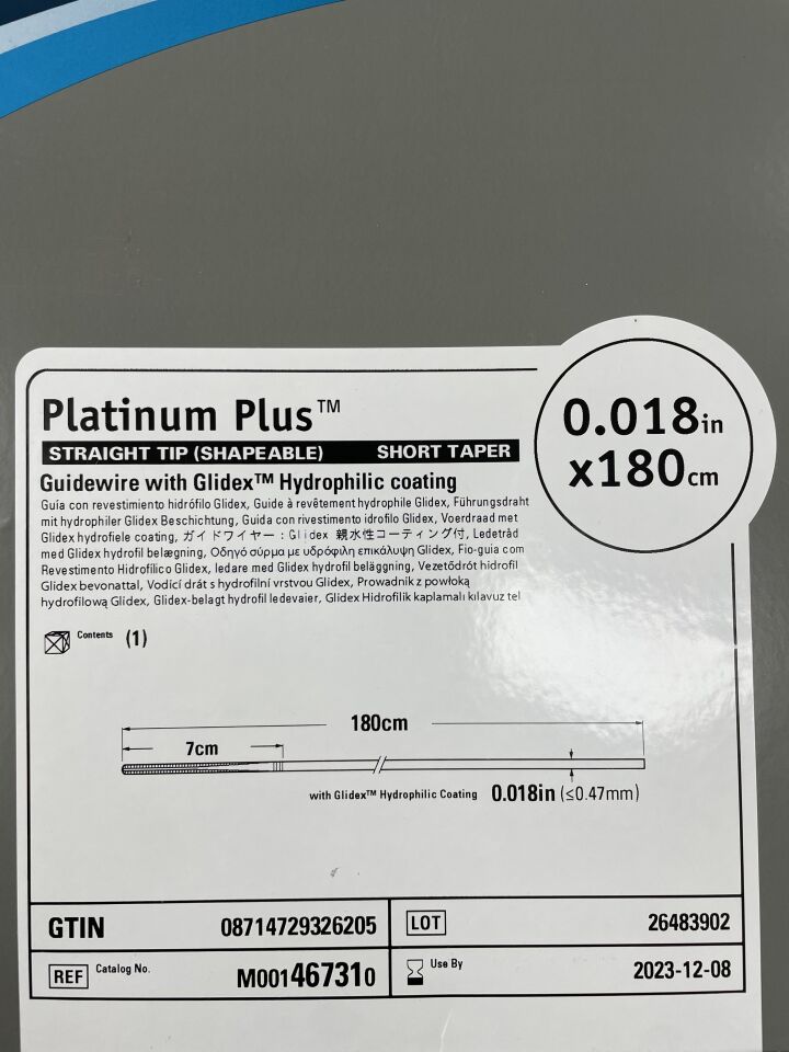 46731 - BOSTON SCIENTIFIC - Platinum Plus Guidewire with Glidex Hydrophilic coating, Straight Tip (Shapeable), Short Taper, 0.018" x 180cm, (BX/1) - ( Expiry Date: 2023-01-06 )