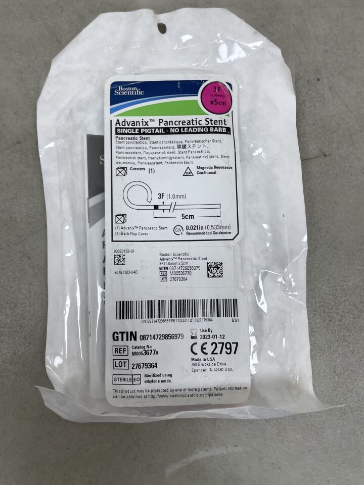 3677 - BOSTON SCIENTIFIC - Advanix Pancreatic Stent, Single Pigtail, No Leading Barb, 3F x 4cm, (EA) - ( Expiry Date: 2023-01-12 )