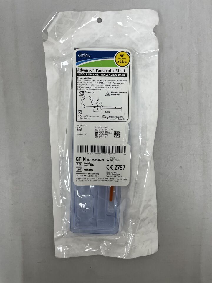 3708 - BOSTON SCIENTIFIC - Advanix Pancreatic Stent, Single Pigtail - No Leading Barb, 5F x 12cm, (EA) - ( Expiry Date: 2023-02-01 )