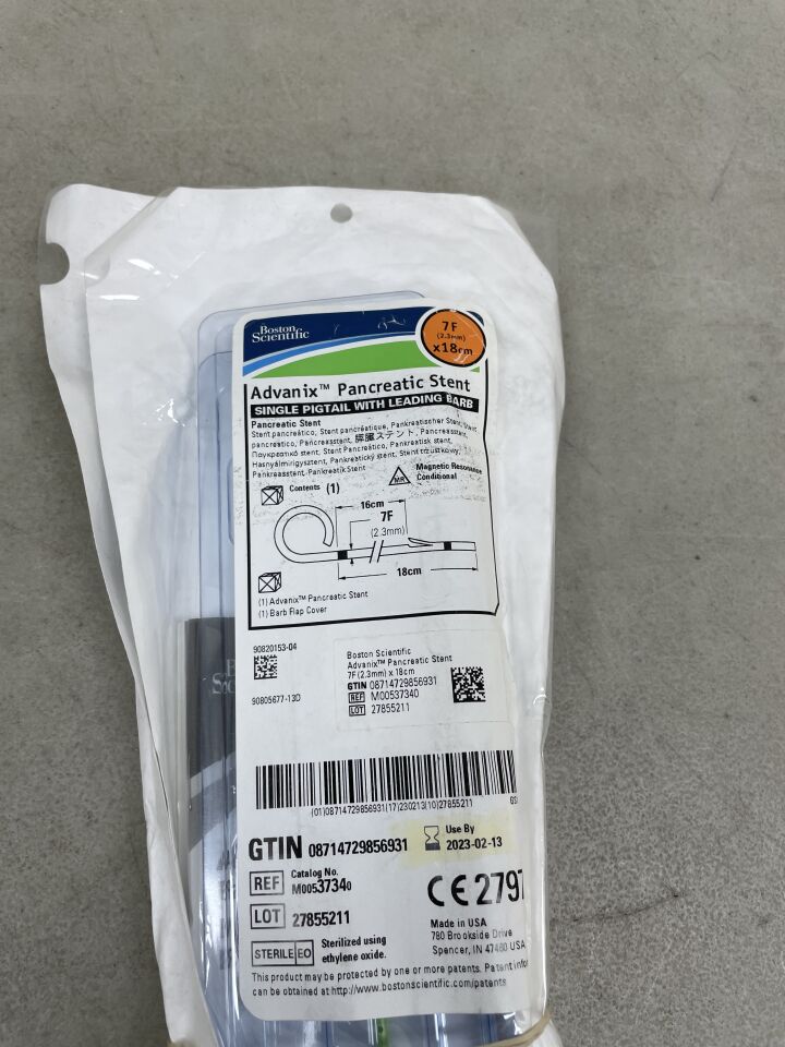 3734 - BOSTON SCIENTIFIC - Advanix Pancreatic Stent - Single Pigtail with Leading Barb - 7Fr x 18cm, (EA) - ( Expiry Date: 2023-02-13 )