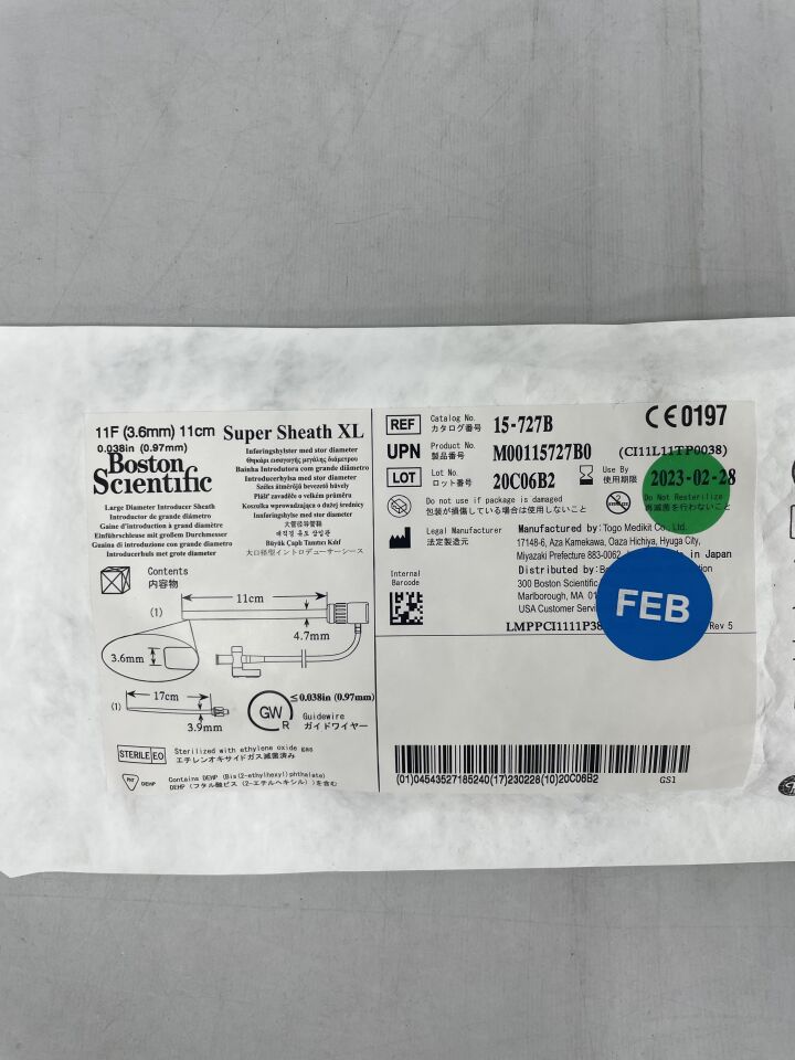 15-727B - BOSTON SCIENTIFIC - Super Sheath XL Large Diameter Introducer Sheath, 11 Fr x 11 cm, (EA) - ( Expiry Date: 2023-02-28 )