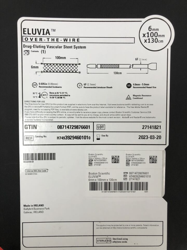 3929460101 - BOSTON SCIENTIFIC - ELUVIA Drug-Eluting Vascular Stent System, Over-The-Wire, 6mm x 100mm x 130cm, (EA) - ( Expiry Date: 2023-11-19 )
